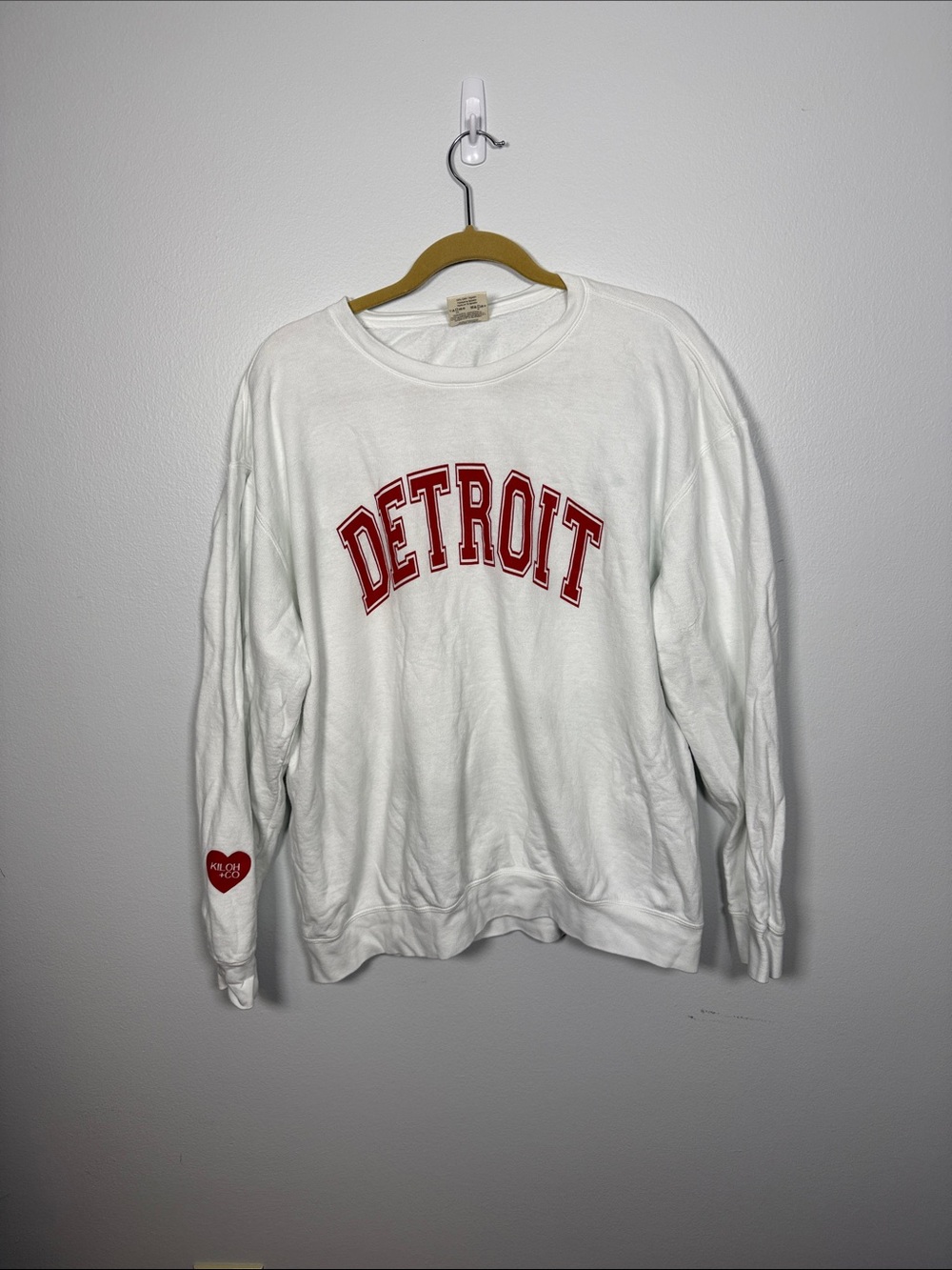 Kiloh + Co Women’s White Crewneck with Red Detroit Script (Limited Run)